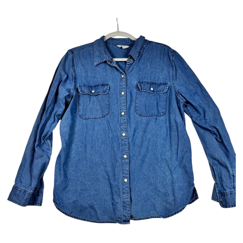 Lucky Brand Denim Button Down Shirt XL/TG Long Sleeve Womens Blue Pearl Snaps‎